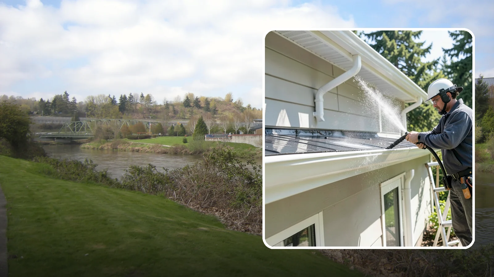Gutter & Downspout Package in Tukwila, King County, WA - We brighten gutter faces and flush the downspouts so your drainage system looks clean and actually moves water through a rainy...
