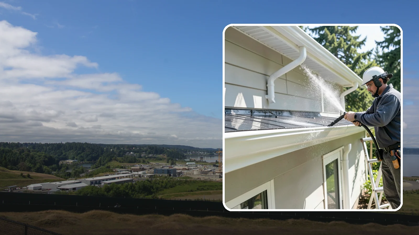 Gutter & Downspout Package in University Place, Pierce County, WA - We brighten gutter faces and flush the downspouts so your drainage system looks clean and actually moves water through a rainy...
