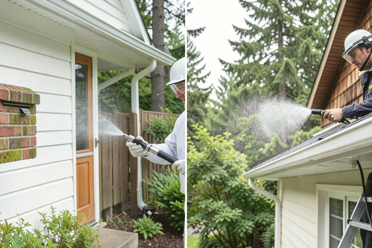 Gutter Brightening in Burien, King County, WA - Pre-rinse the gutter exteriors to remove loose dirt