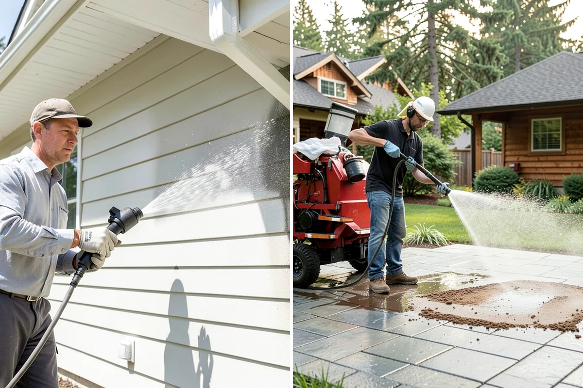 Gutter Brightening in Lake Forest Park, King County, WA - Pre-rinse the gutter exteriors to remove loose dirt