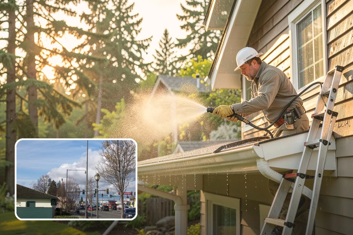 Gutter Brightening in Marysville, Snohomish County, WA - Lifts chalky weathered film that plain washing misses