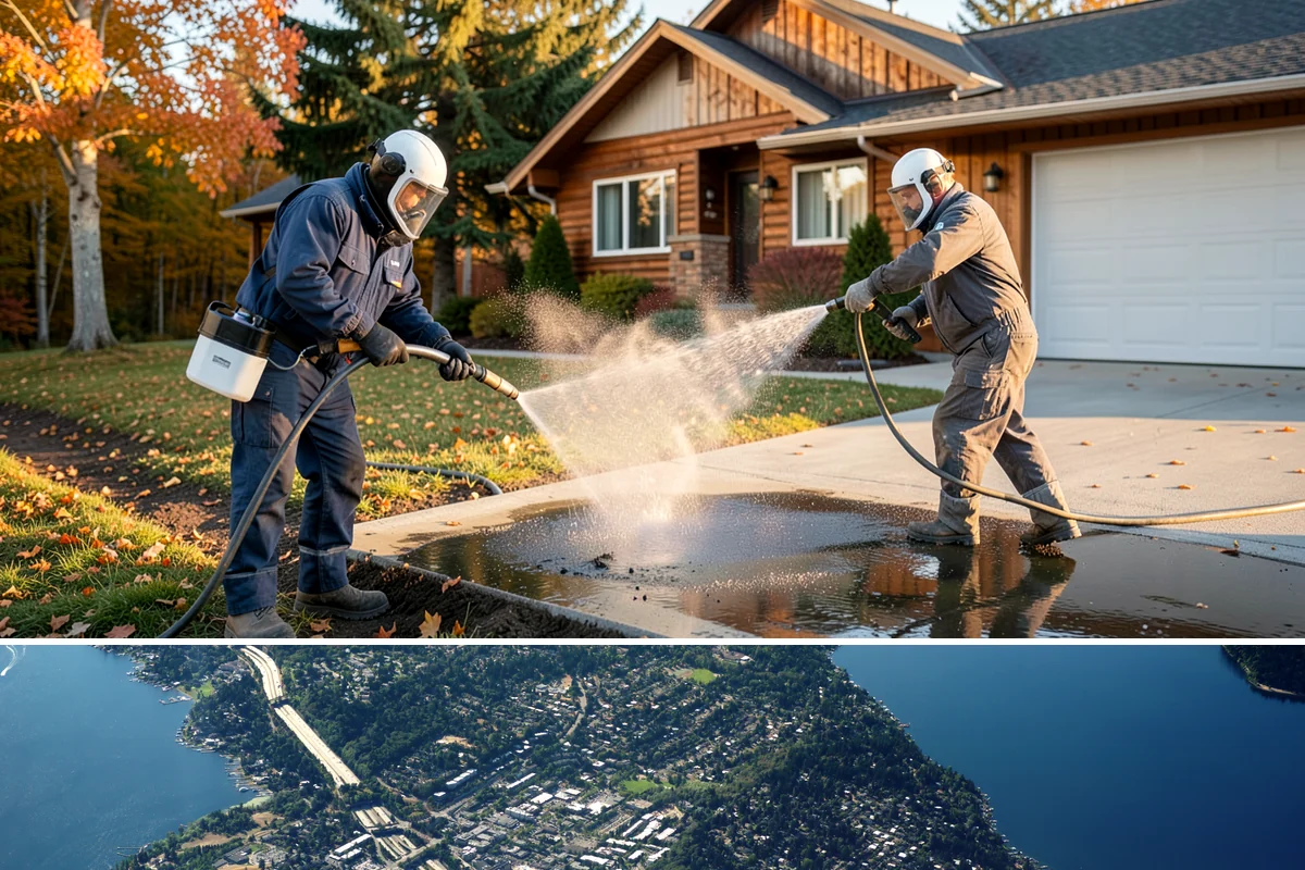 Gutter Brightening in Mercer Island, King County, WA - Brighten in the drier summer stretch so the treatment works without immediate rain washing it off.