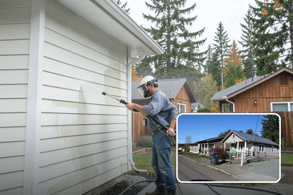 Gutter Brightening in South Prairie, Pierce County, WA - Lifts chalky weathered film that plain washing misses