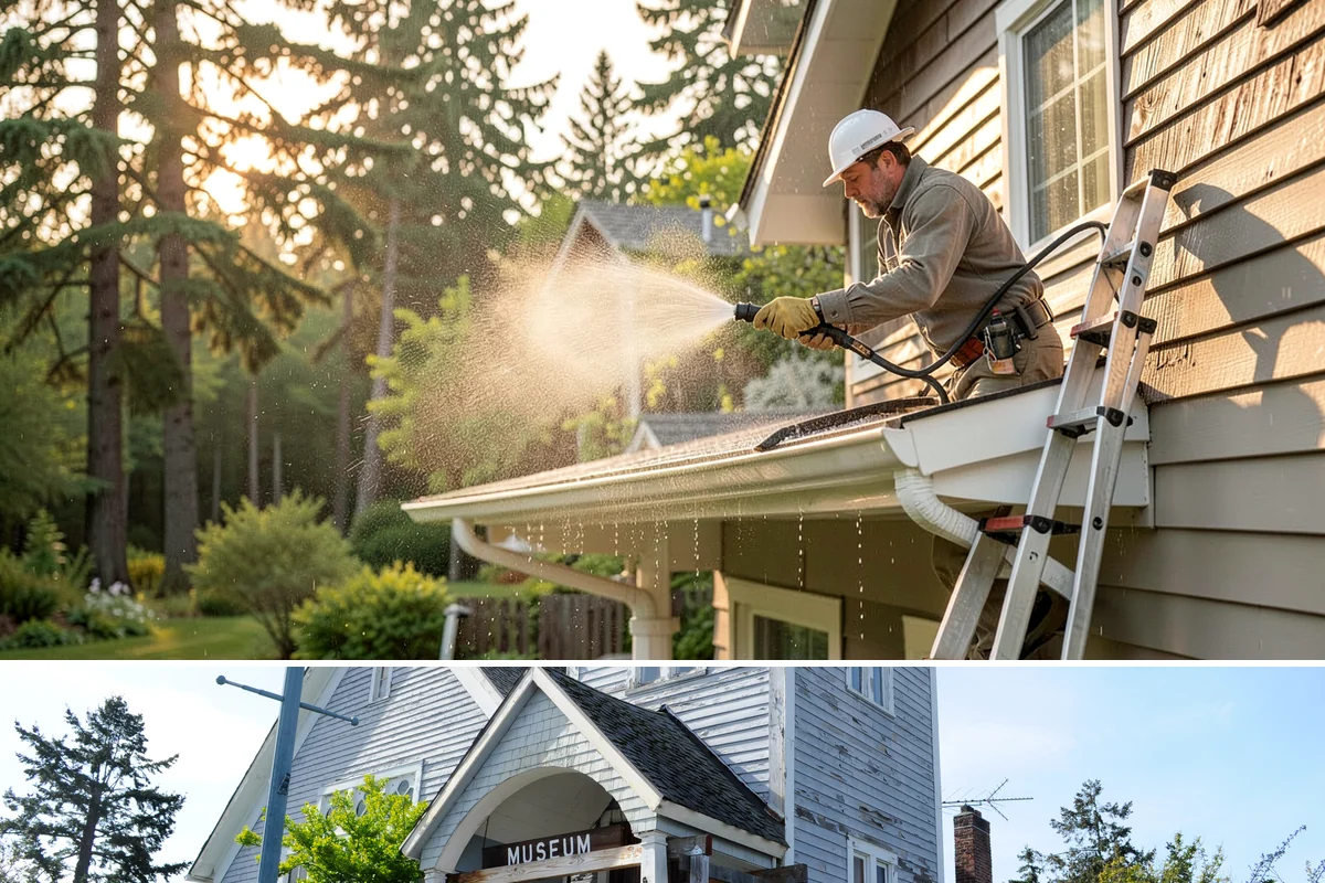 Gutter Brightening in Steilacoom, Pierce County, WA - Brighten in the drier summer stretch so the treatment works without immediate rain washing it off.