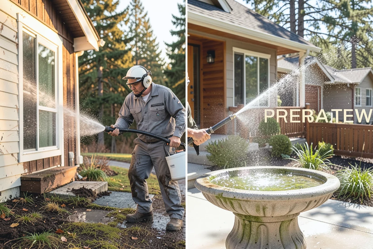 Gutter Brightening in Woodinville, King County, WA - Pre-rinse the gutter exteriors to remove loose dirt