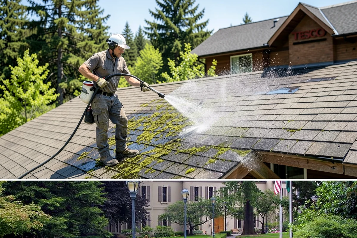 Gutter Brightening in Woodinville, King County, WA - Brighten in the drier summer stretch so the treatment works without immediate rain washing it off.