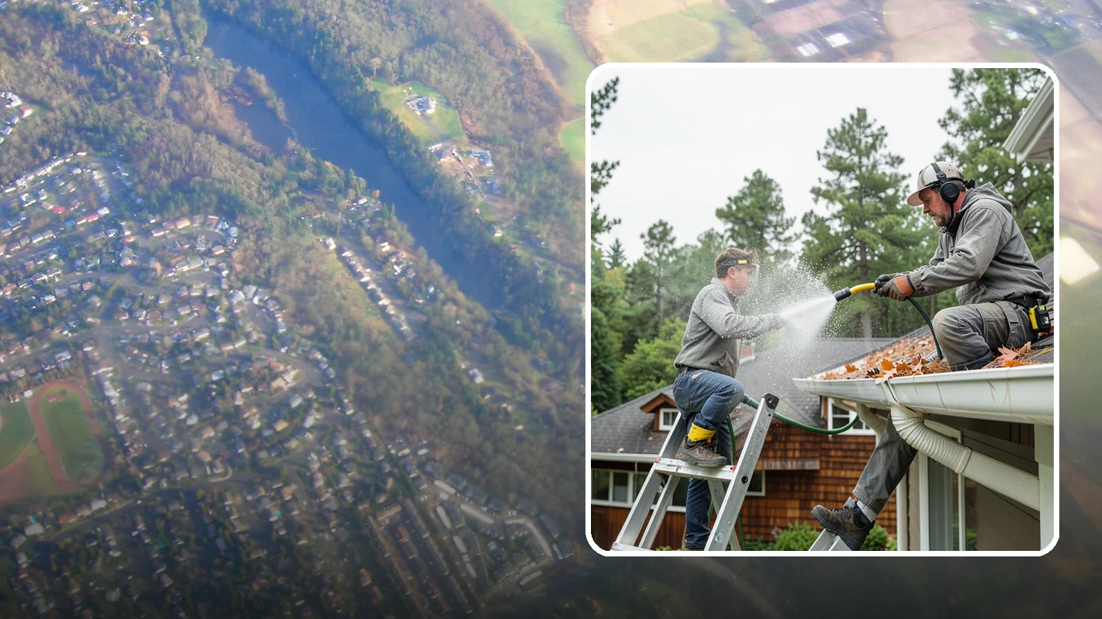 Gutter Cleaning in Algona, King County, WA - Full clean-out of gutters clogged with the fir needles, moss, and maple leaves that fill Northwest troughs every season.