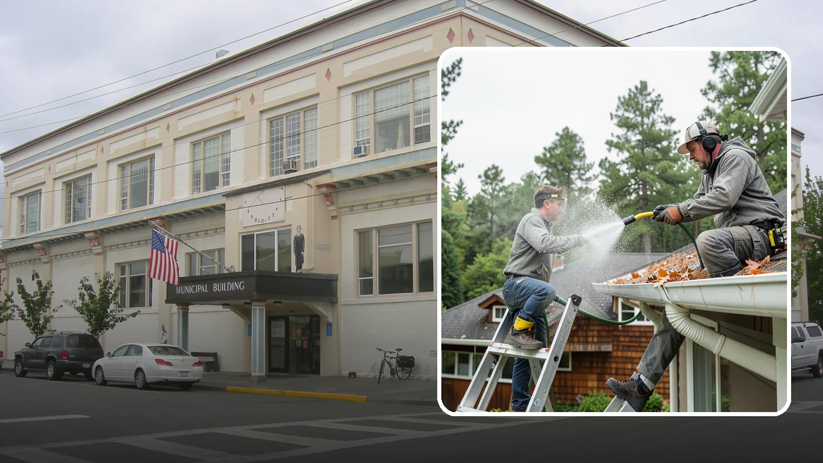Gutter Cleaning in Anacortes, Skagit County, WA - Full clean-out of gutters clogged with the fir needles, moss, and maple leaves that fill Northwest troughs every season.