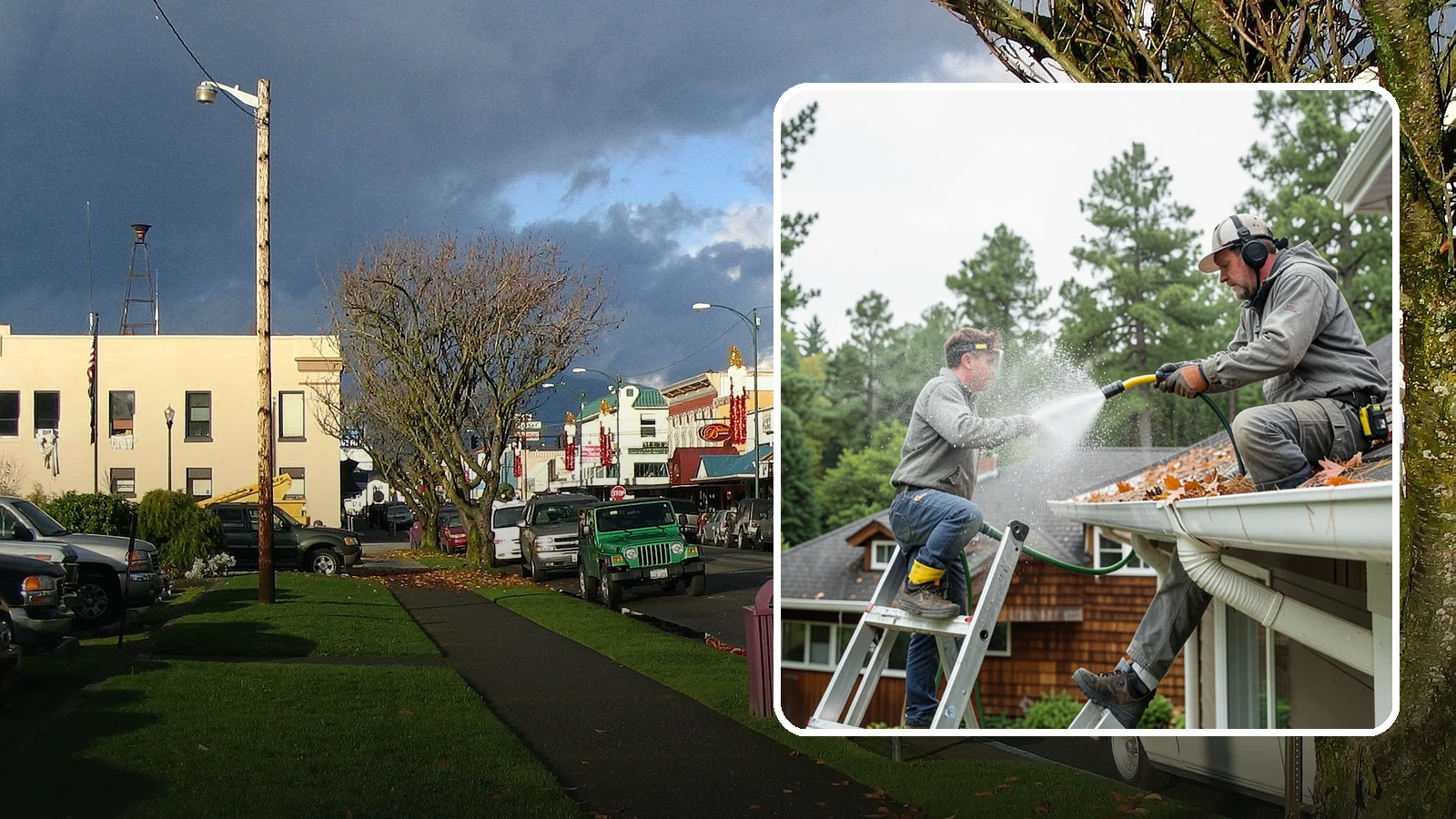 Gutter Cleaning in Arlington, Snohomish County, WA - Full clean-out of gutters clogged with the fir needles, moss, and maple leaves that fill Northwest troughs every season.