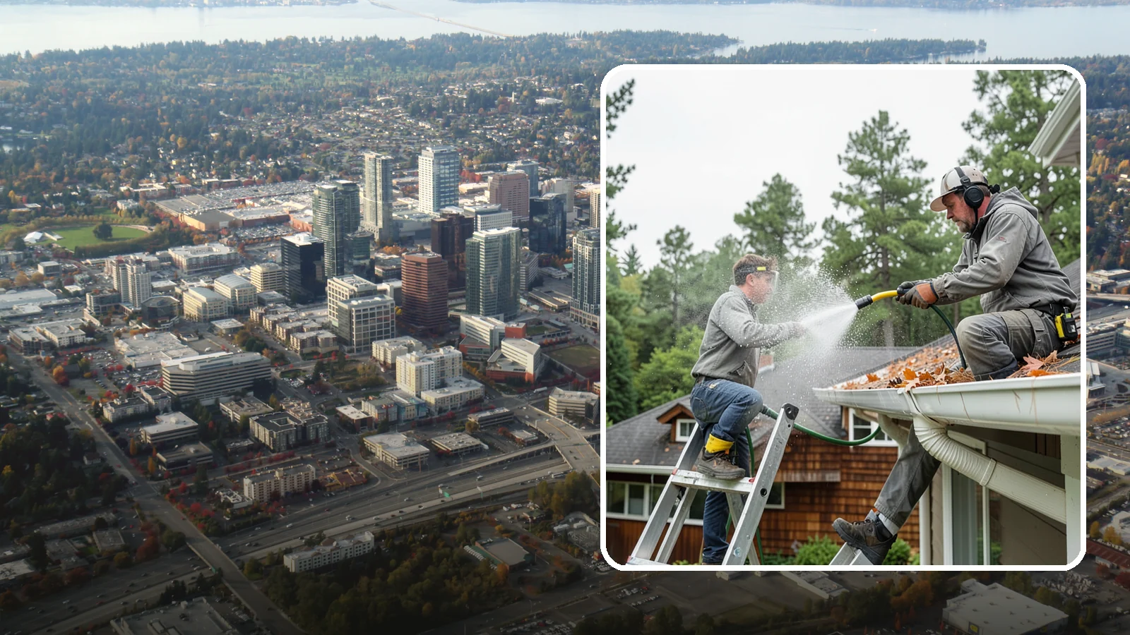 Gutter Cleaning in Bellevue, King County, WA - Full clean-out of gutters clogged with the fir needles, moss, and maple leaves that fill Northwest troughs every season.