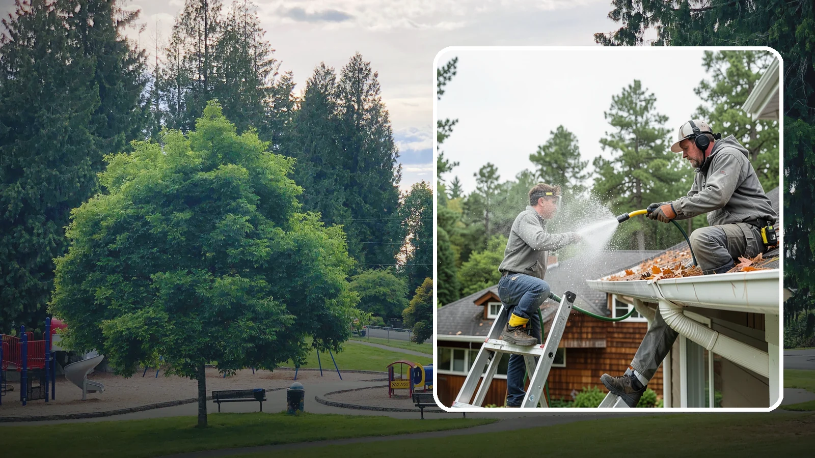 Gutter Cleaning in Bonney Lake, Pierce County, WA - Full clean-out of gutters clogged with the fir needles, moss, and maple leaves that fill Northwest troughs every season.