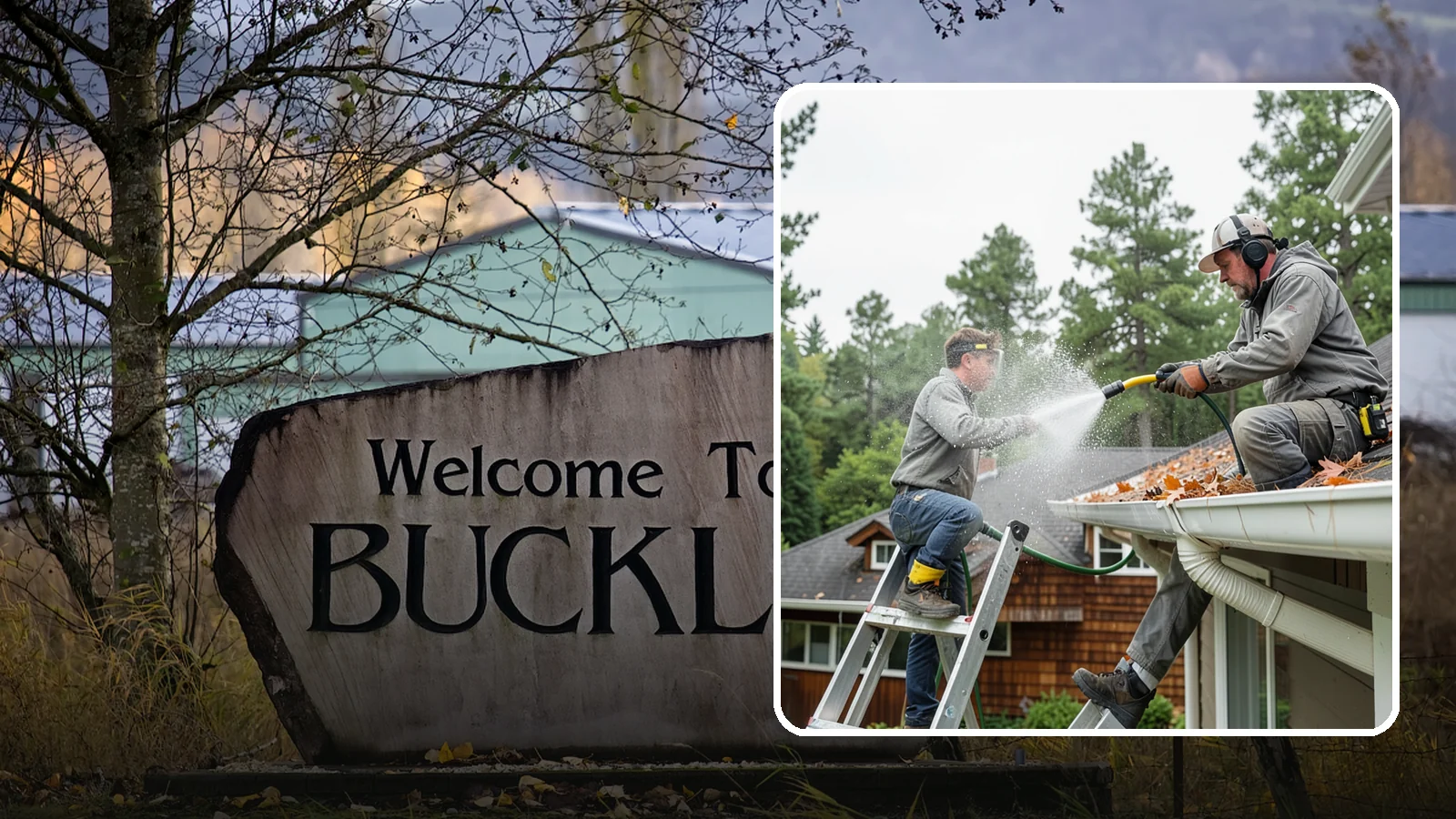Gutter Cleaning in Buckley, Pierce County, WA - Full clean-out of gutters clogged with the fir needles, moss, and maple leaves that fill Northwest troughs every season.