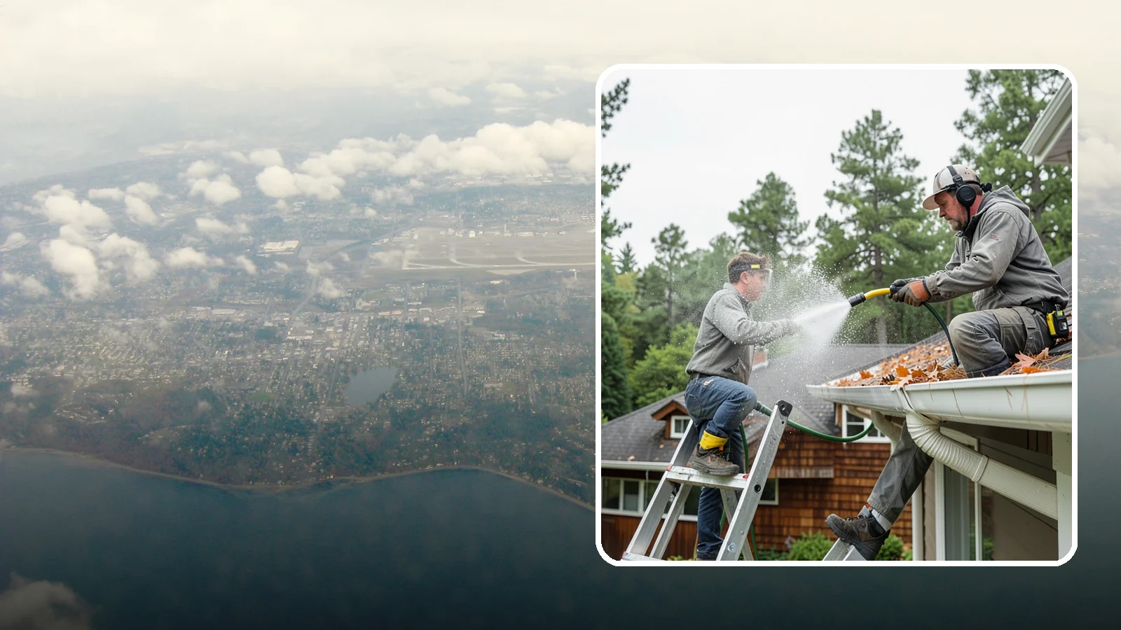 Gutter Cleaning in Burien, King County, WA - Full clean-out of gutters clogged with the fir needles, moss, and maple leaves that fill Northwest troughs every season.