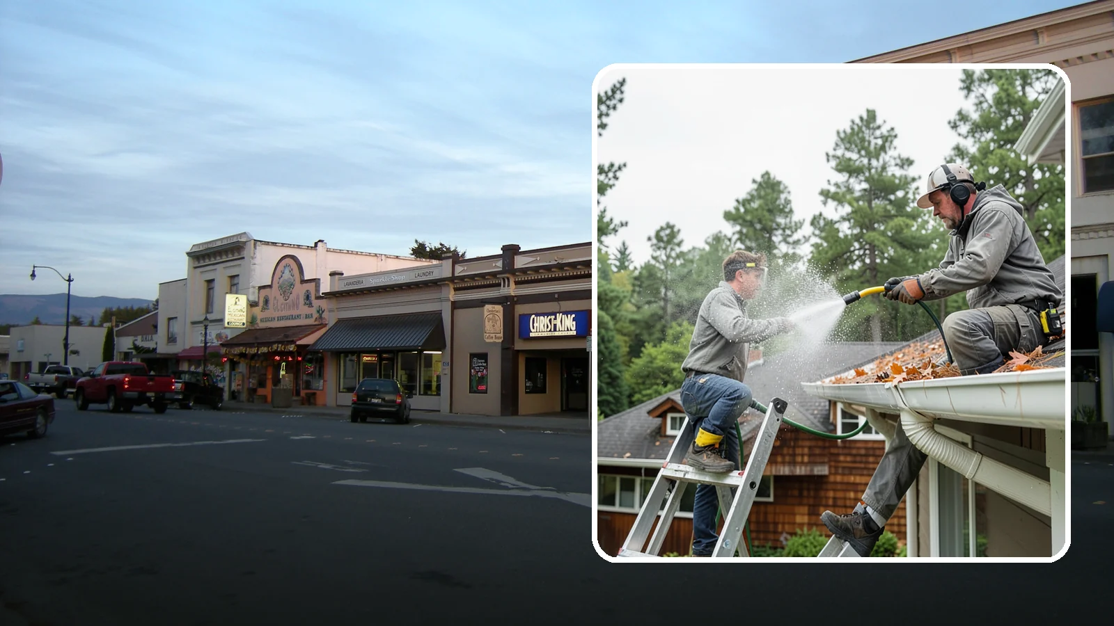 Gutter Cleaning in Burlington, Skagit County, WA - Full clean-out of gutters clogged with the fir needles, moss, and maple leaves that fill Northwest troughs every season.