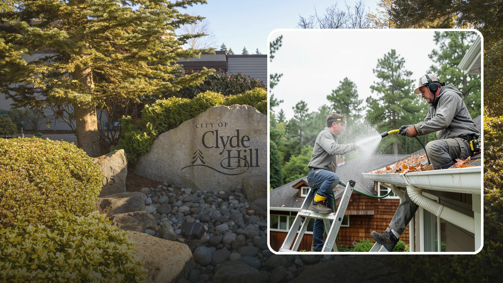 Gutter Cleaning in Clyde Hill, King County, WA - Full clean-out of gutters clogged with the fir needles, moss, and maple leaves that fill Northwest troughs every season.