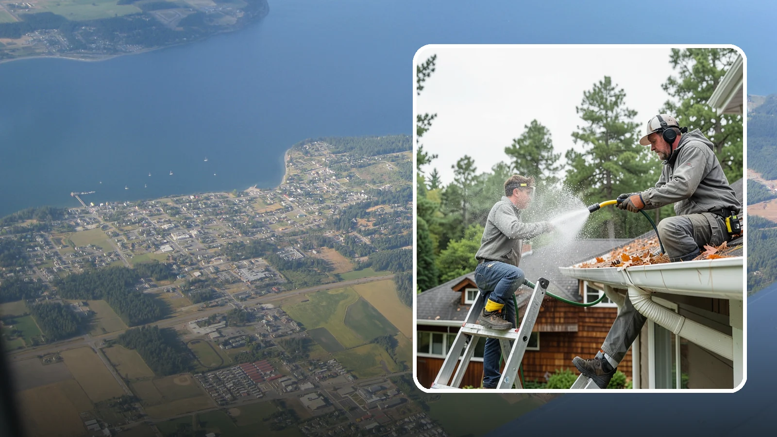 Gutter Cleaning in Coupeville, Island County, WA - Full clean-out of gutters clogged with the fir needles, moss, and maple leaves that fill Northwest troughs every season.