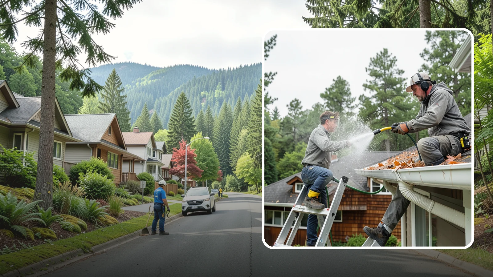 Gutter Cleaning in Darrington, Snohomish County, WA - Full clean-out of gutters clogged with the fir needles, moss, and maple leaves that fill Northwest troughs every season.
