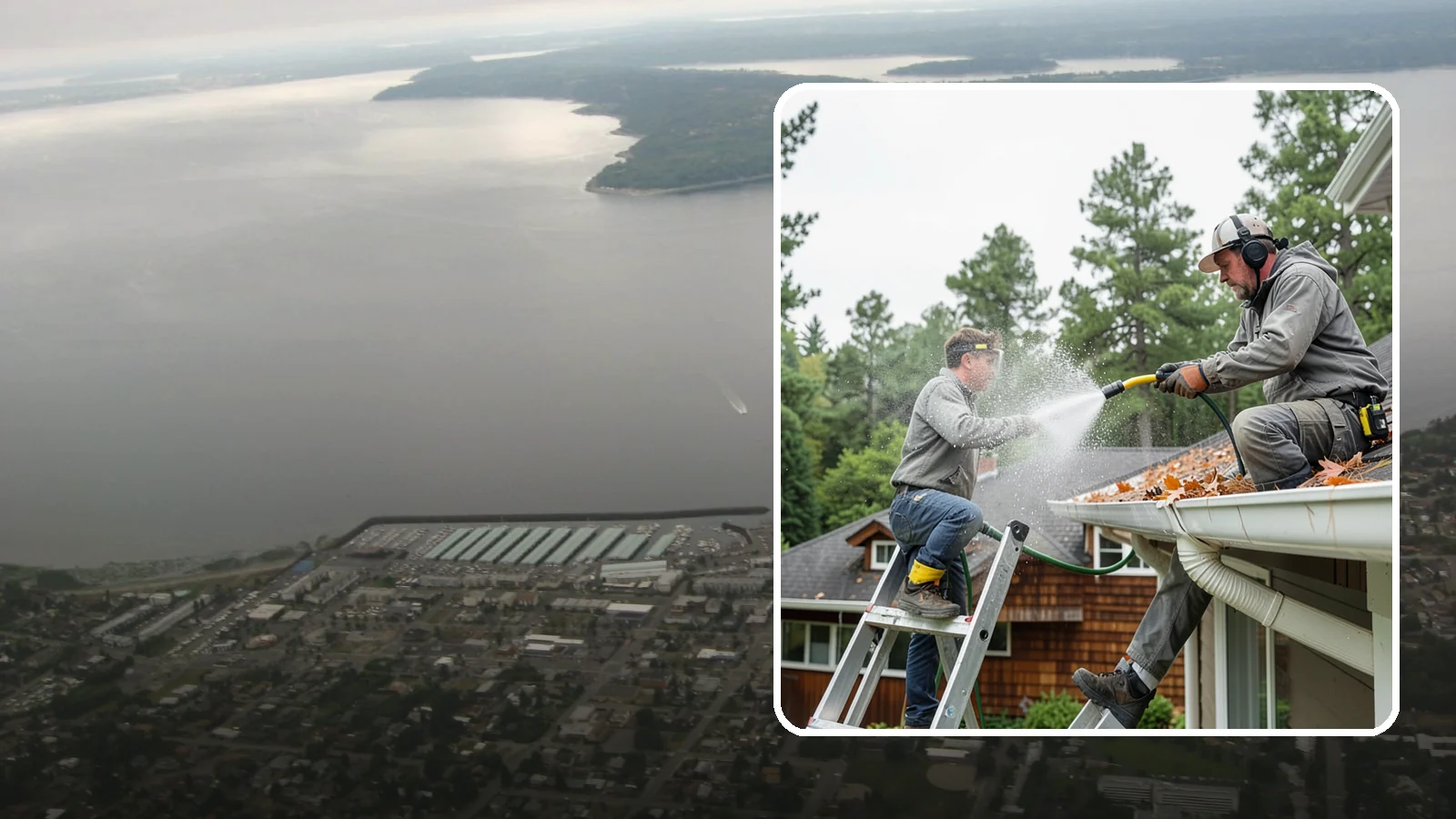 Gutter Cleaning in Des Moines, King County, WA - Full clean-out of gutters clogged with the fir needles, moss, and maple leaves that fill Northwest troughs every season.