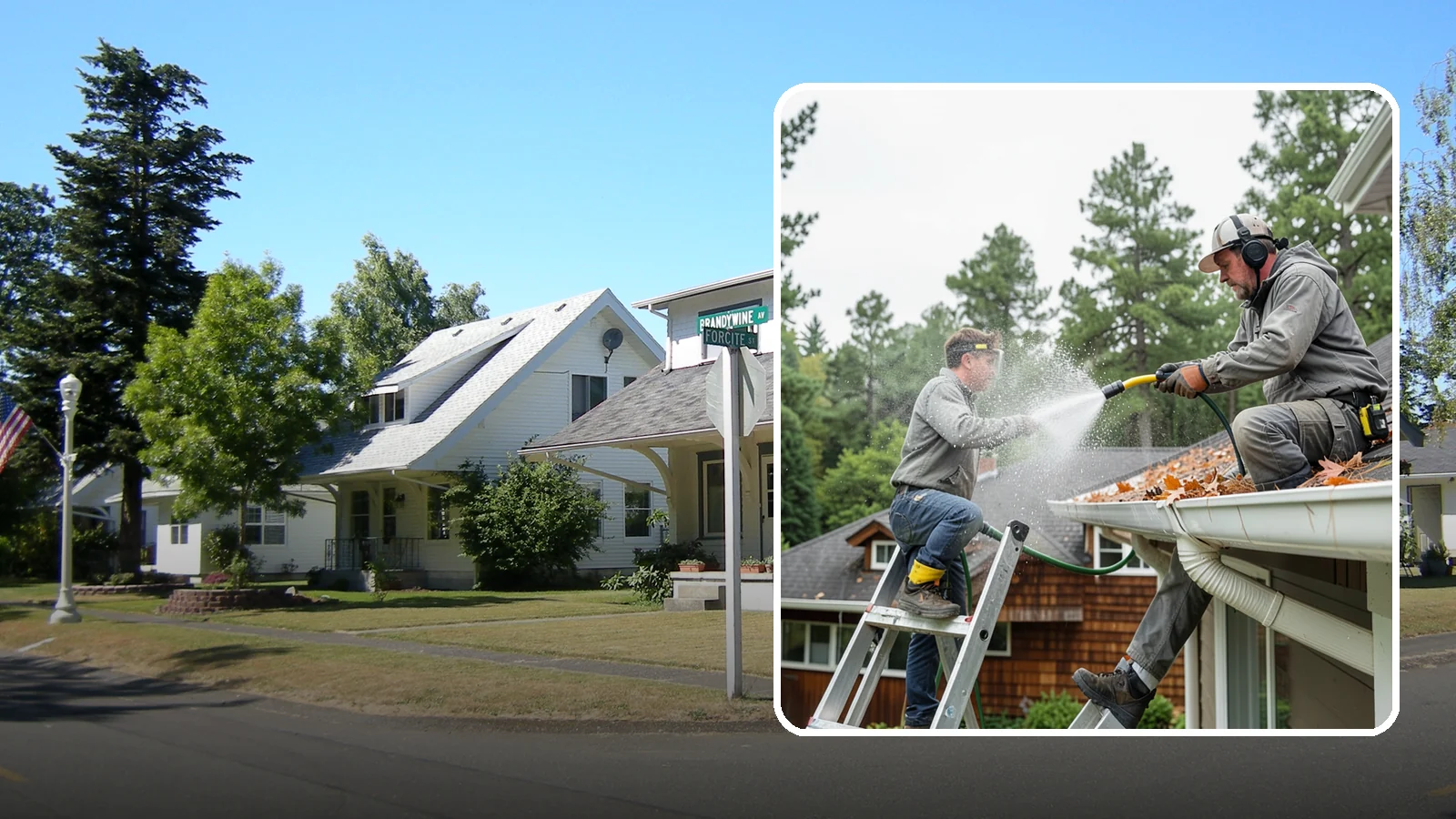 Gutter Cleaning in DuPont, Pierce County, WA - Full clean-out of gutters clogged with the fir needles, moss, and maple leaves that fill Northwest troughs every season.