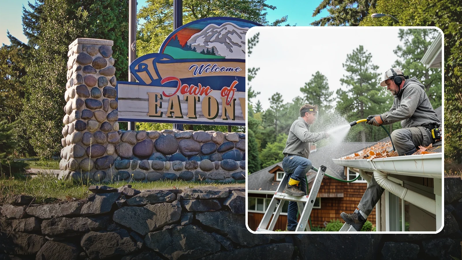Gutter Cleaning in Eatonville, Pierce County, WA - Full clean-out of gutters clogged with the fir needles, moss, and maple leaves that fill Northwest troughs every season.