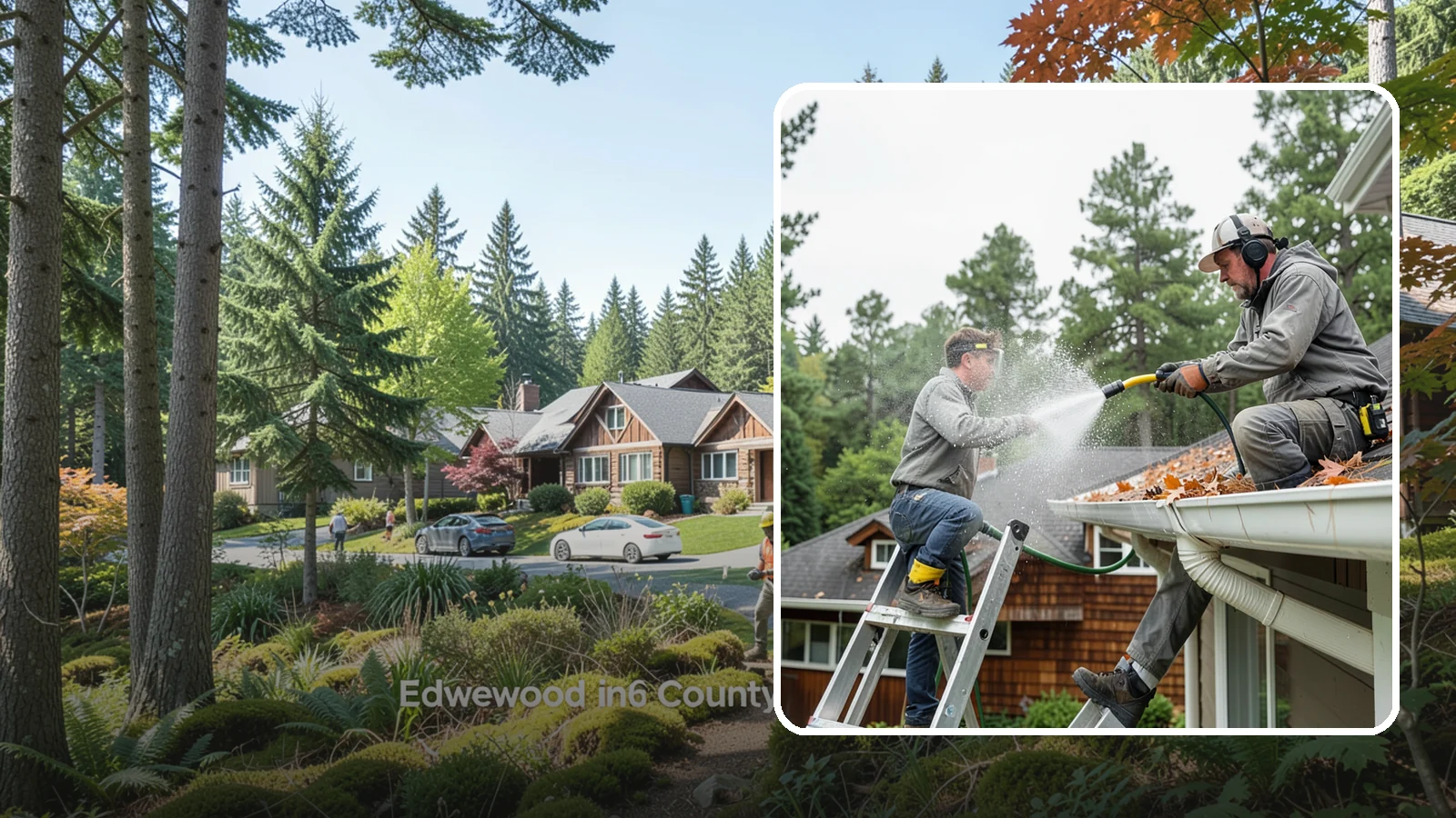 Gutter Cleaning in Edgewood, Pierce County, WA - Full clean-out of gutters clogged with the fir needles, moss, and maple leaves that fill Northwest troughs every season.