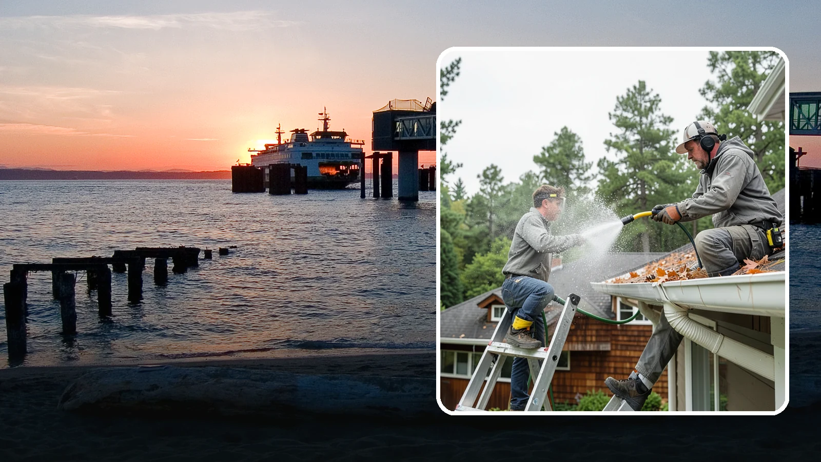 Gutter Cleaning in Edmonds, Snohomish County, WA - Full clean-out of gutters clogged with the fir needles, moss, and maple leaves that fill Northwest troughs every season.