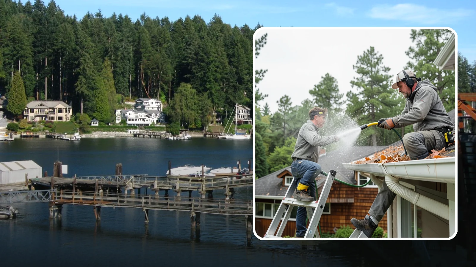 Gutter Cleaning in Gig Harbor, Pierce County, WA - Full clean-out of gutters clogged with the fir needles, moss, and maple leaves that fill Northwest troughs every season.