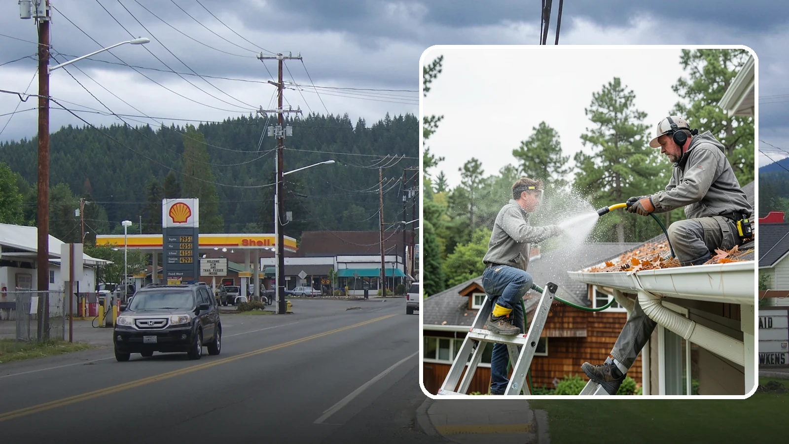 Gutter Cleaning in Granite Falls, Snohomish County, WA - Full clean-out of gutters clogged with the fir needles, moss, and maple leaves that fill Northwest troughs every season.
