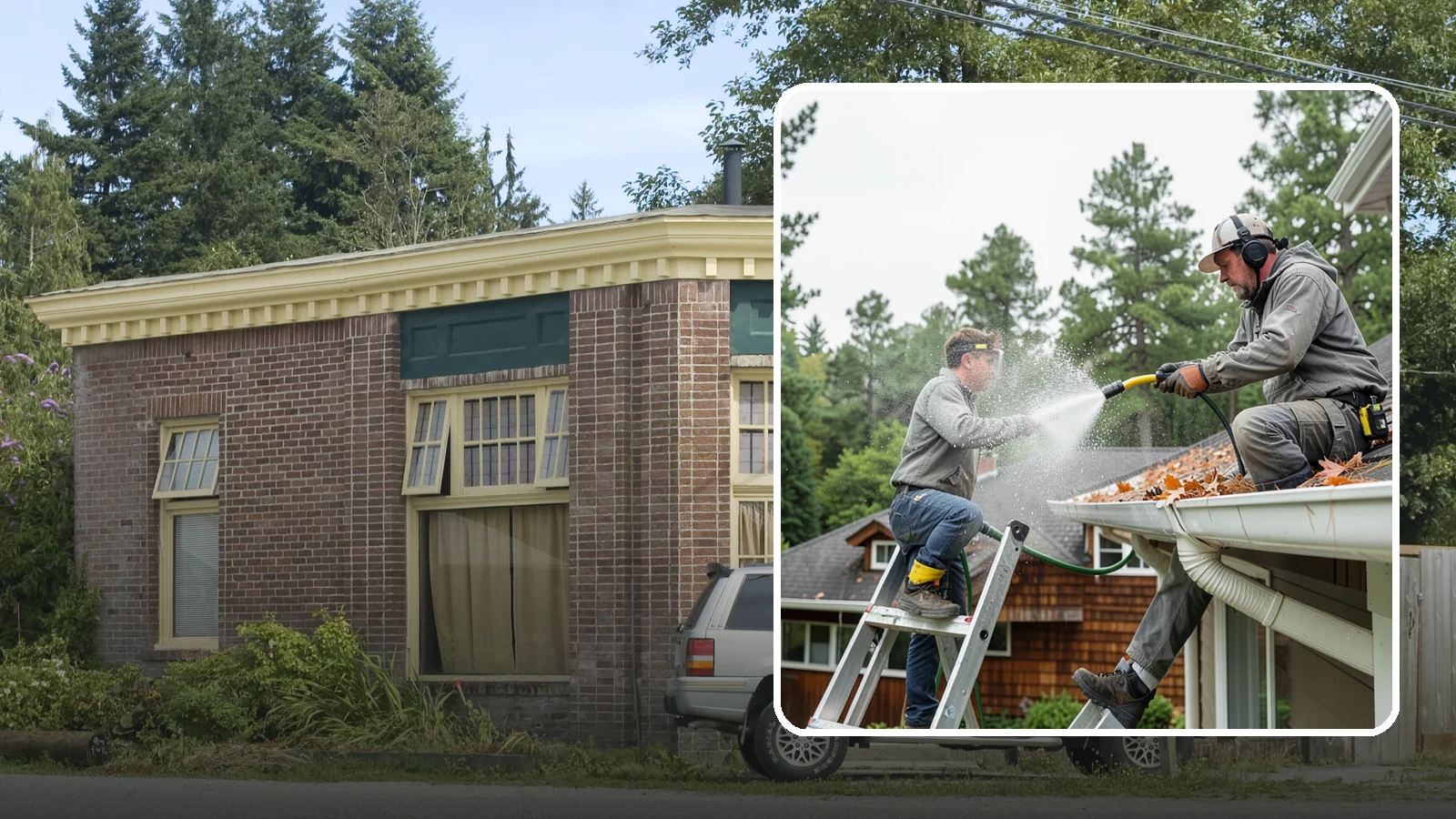 Gutter Cleaning in Hamilton, Skagit County, WA - Full clean-out of gutters clogged with the fir needles, moss, and maple leaves that fill Northwest troughs every season.