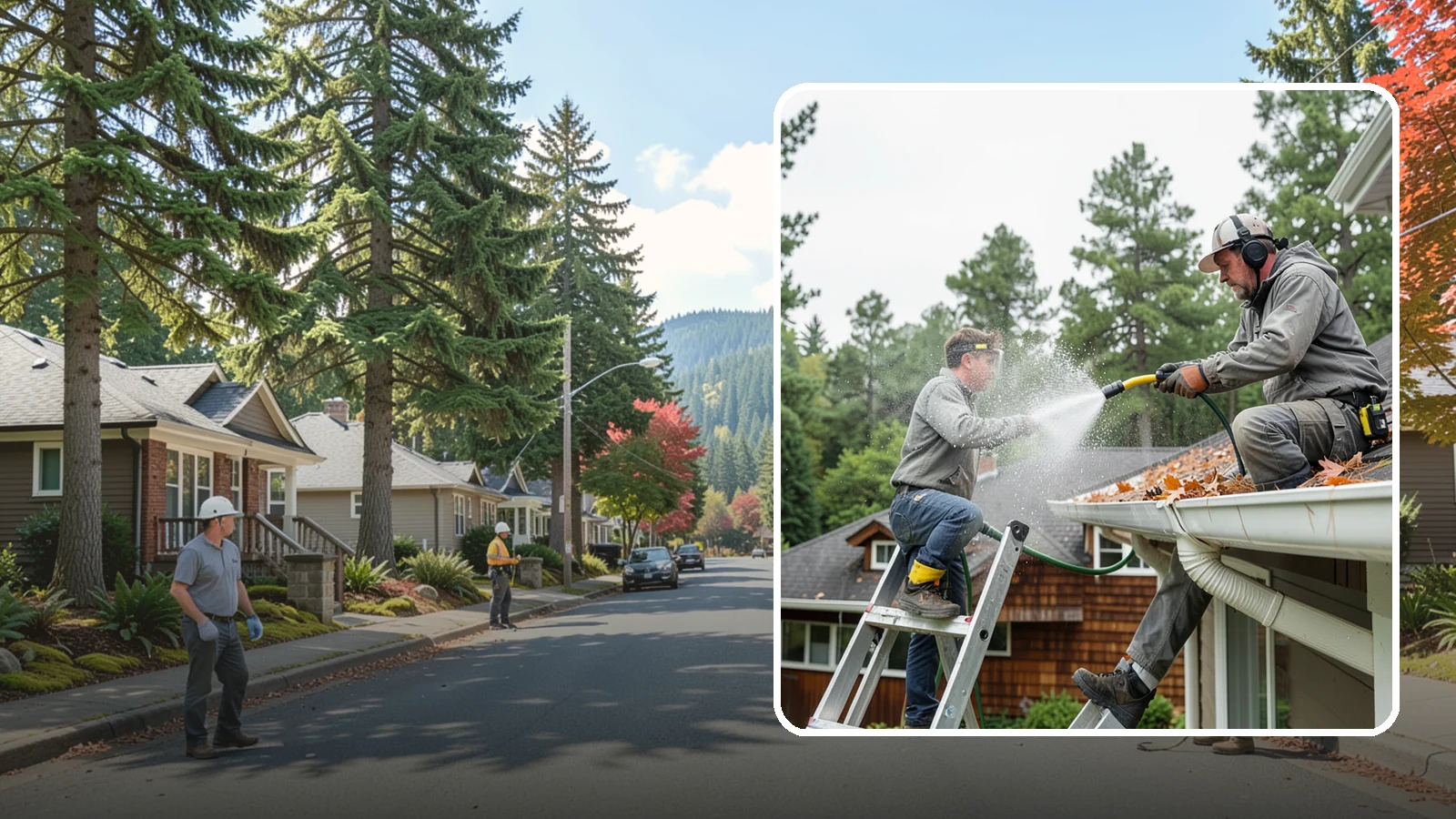 Gutter Cleaning in Hunts Point, King County, WA - Full clean-out of gutters clogged with the fir needles, moss, and maple leaves that fill Northwest troughs every season.