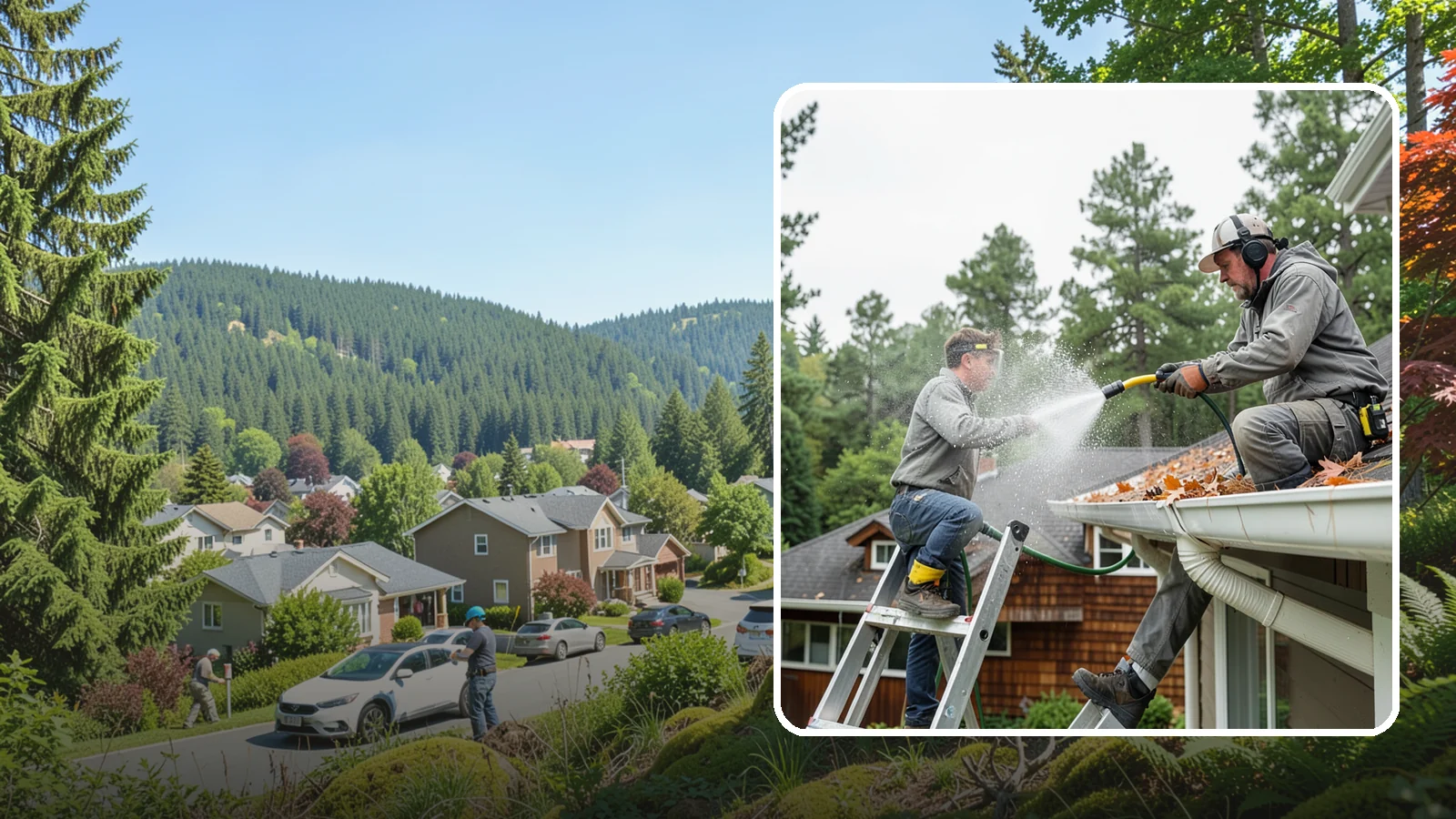 Gutter Cleaning in Index, Snohomish County, WA - Full clean-out of gutters clogged with the fir needles, moss, and maple leaves that fill Northwest troughs every season.