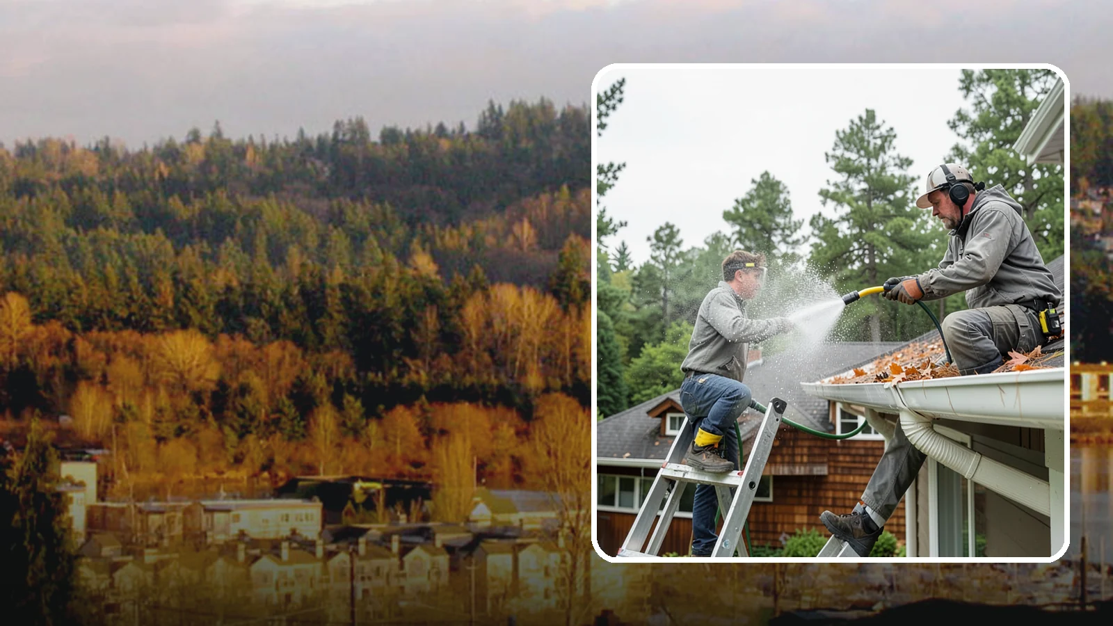 Gutter Cleaning in Kenmore, King County, WA - Full clean-out of gutters clogged with the fir needles, moss, and maple leaves that fill Northwest troughs every season.