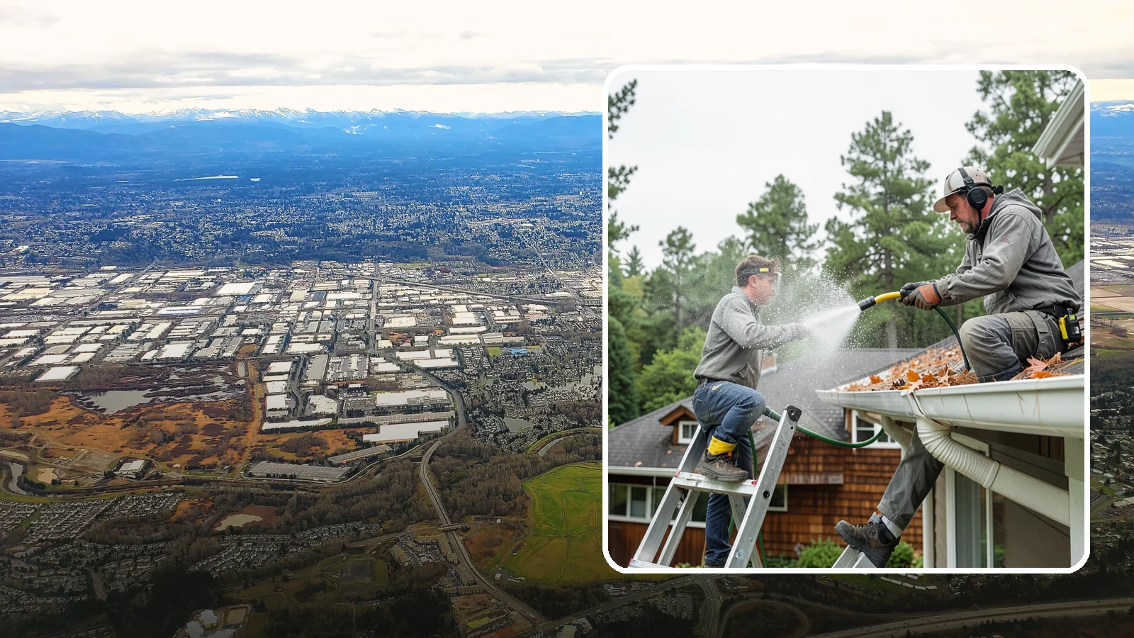 Gutter Cleaning in Kent, King County, WA - Full clean-out of gutters clogged with the fir needles, moss, and maple leaves that fill Northwest troughs every season.