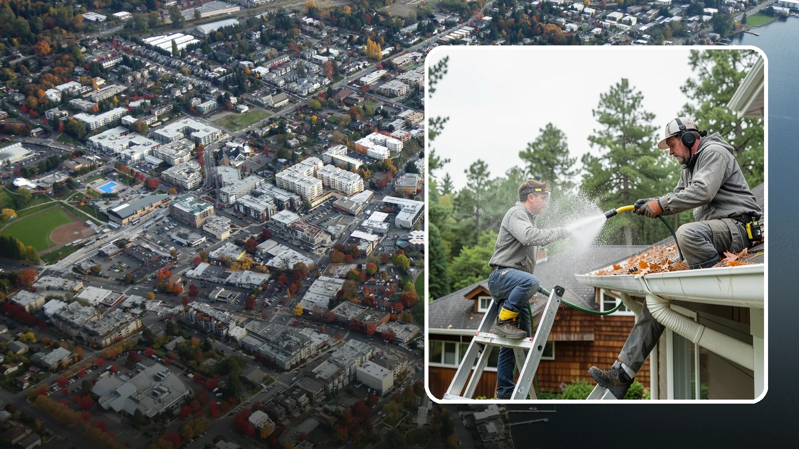 Gutter Cleaning in Kirkland, King County, WA - Full clean-out of gutters clogged with the fir needles, moss, and maple leaves that fill Northwest troughs every season.