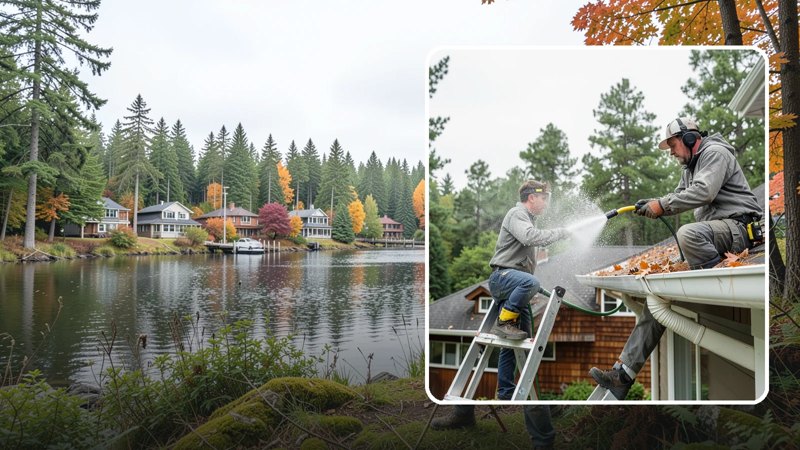 Gutter Cleaning in La Conner, Skagit County, WA - Full clean-out of gutters clogged with the fir needles, moss, and maple leaves that fill Northwest troughs every season.