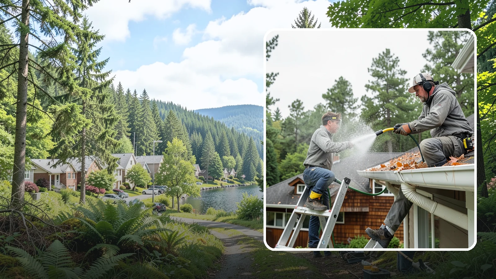 Gutter Cleaning in Lake Forest Park, King County, WA - Full clean-out of gutters clogged with the fir needles, moss, and maple leaves that fill Northwest troughs every season.