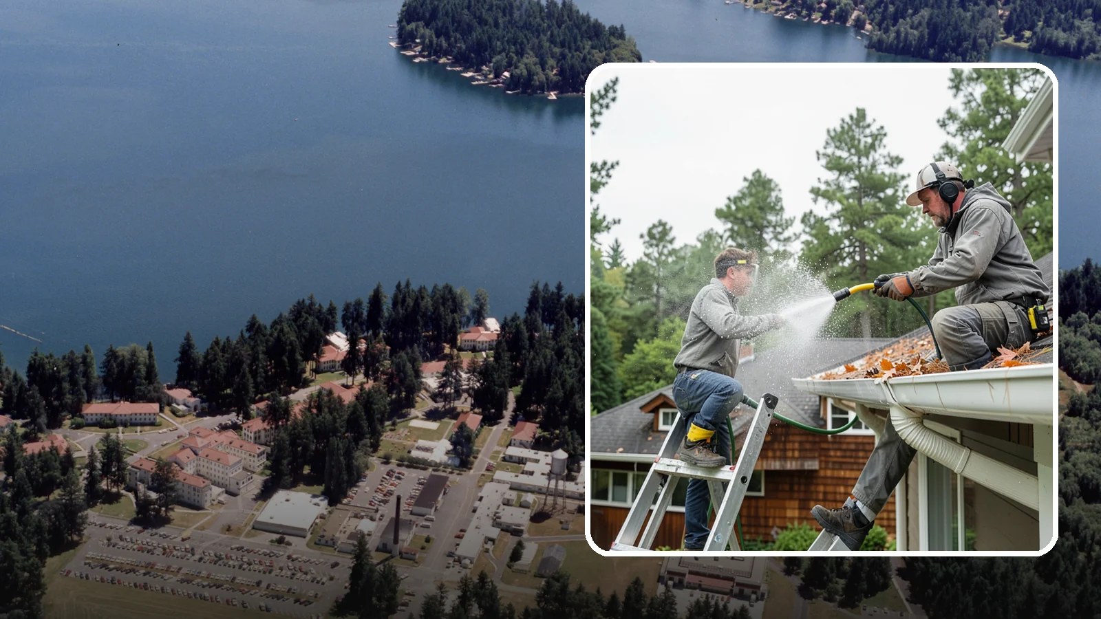 Gutter Cleaning in Lakewood, Pierce County, WA - Full clean-out of gutters clogged with the fir needles, moss, and maple leaves that fill Northwest troughs every season.