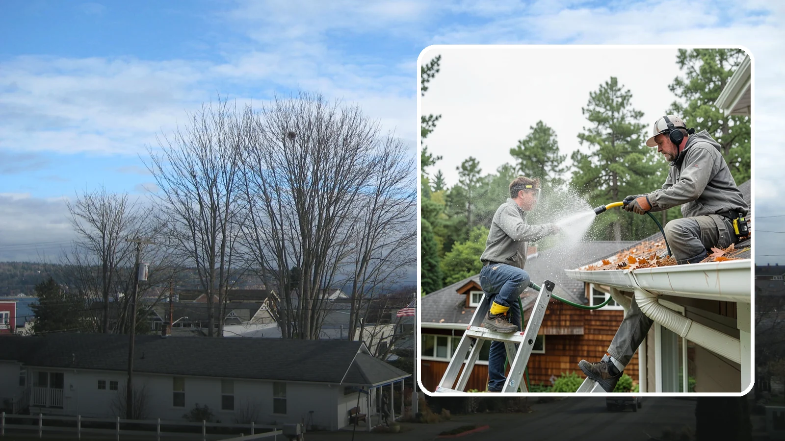 Gutter Cleaning in Langley, Island County, WA - Full clean-out of gutters clogged with the fir needles, moss, and maple leaves that fill Northwest troughs every season.