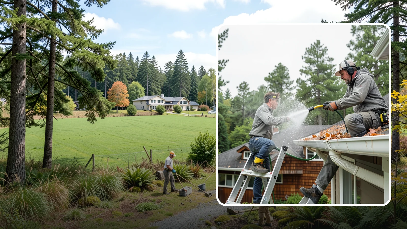 Gutter Cleaning in Lyman, Skagit County, WA - Full clean-out of gutters clogged with the fir needles, moss, and maple leaves that fill Northwest troughs every season.