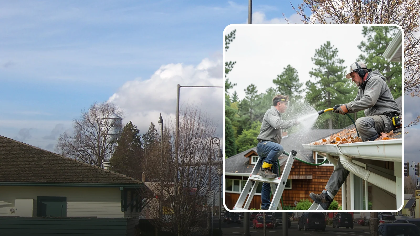 Gutter Cleaning in Marysville, Snohomish County, WA - Full clean-out of gutters clogged with the fir needles, moss, and maple leaves that fill Northwest troughs every season.