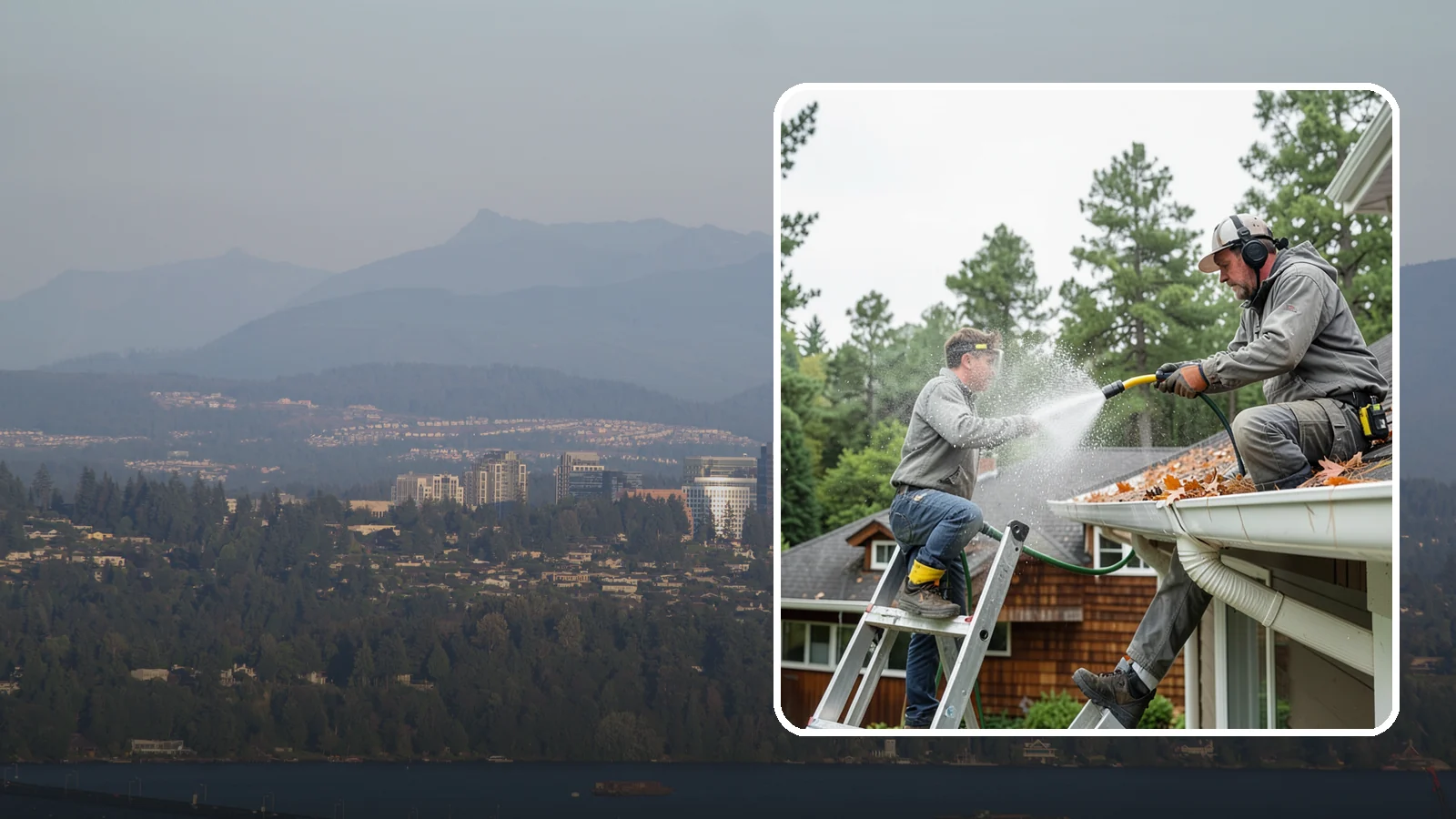 Gutter Cleaning in Medina, King County, WA - Full clean-out of gutters clogged with the fir needles, moss, and maple leaves that fill Northwest troughs every season.