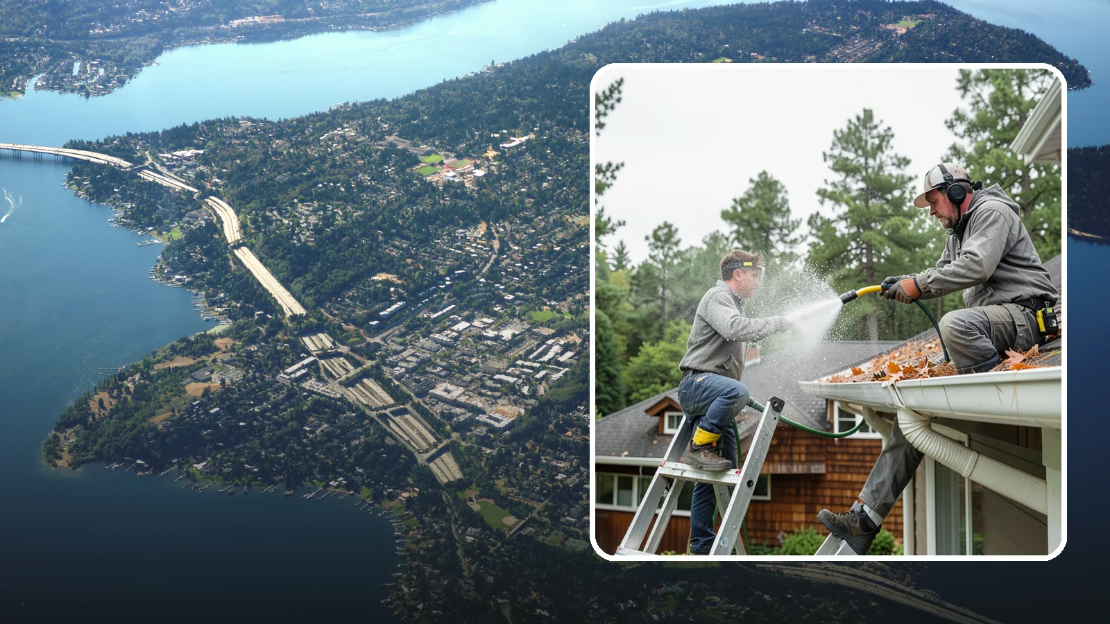 Gutter Cleaning in Mercer Island, King County, WA - Full clean-out of gutters clogged with the fir needles, moss, and maple leaves that fill Northwest troughs every season.