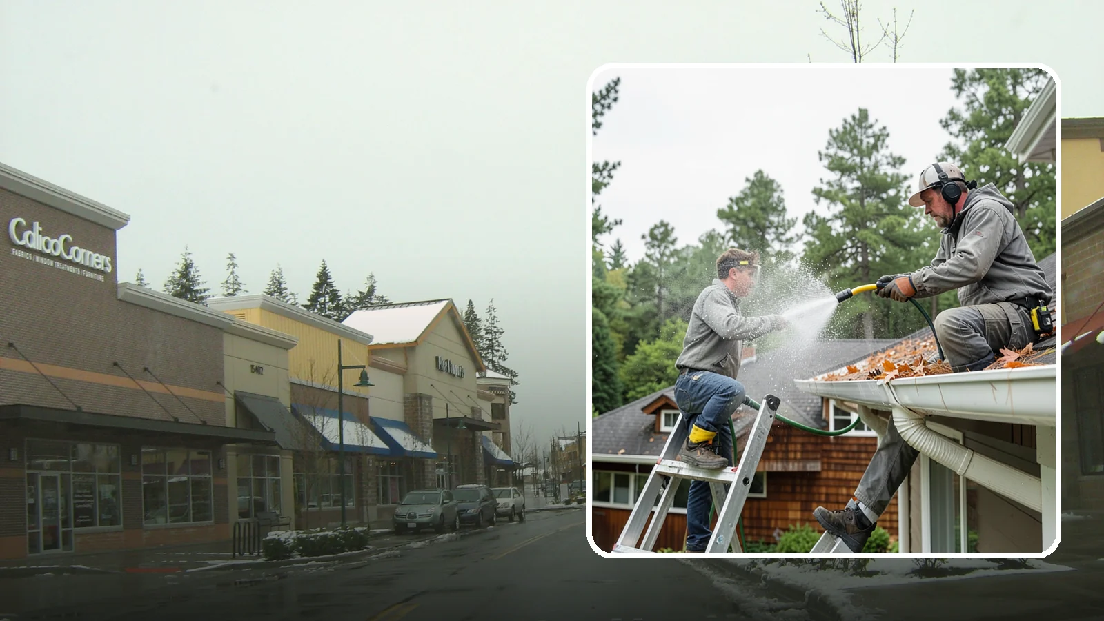 Gutter Cleaning in Mill Creek, Snohomish County, WA - Full clean-out of gutters clogged with the fir needles, moss, and maple leaves that fill Northwest troughs every season.