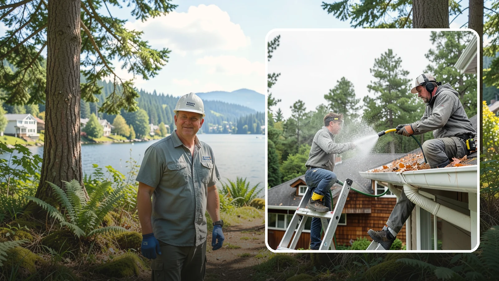 Gutter Cleaning in Milton, King County, WA - Full clean-out of gutters clogged with the fir needles, moss, and maple leaves that fill Northwest troughs every season.