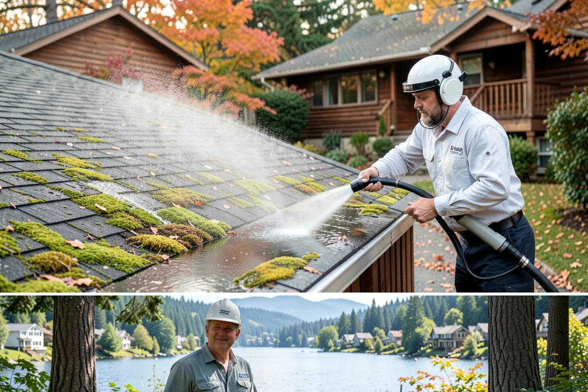 Gutter Cleaning in Milton, King County, WA - Clean gutters in late fall after the leaves drop and again in spring to catch needle buildup, the two heaviest seasons.