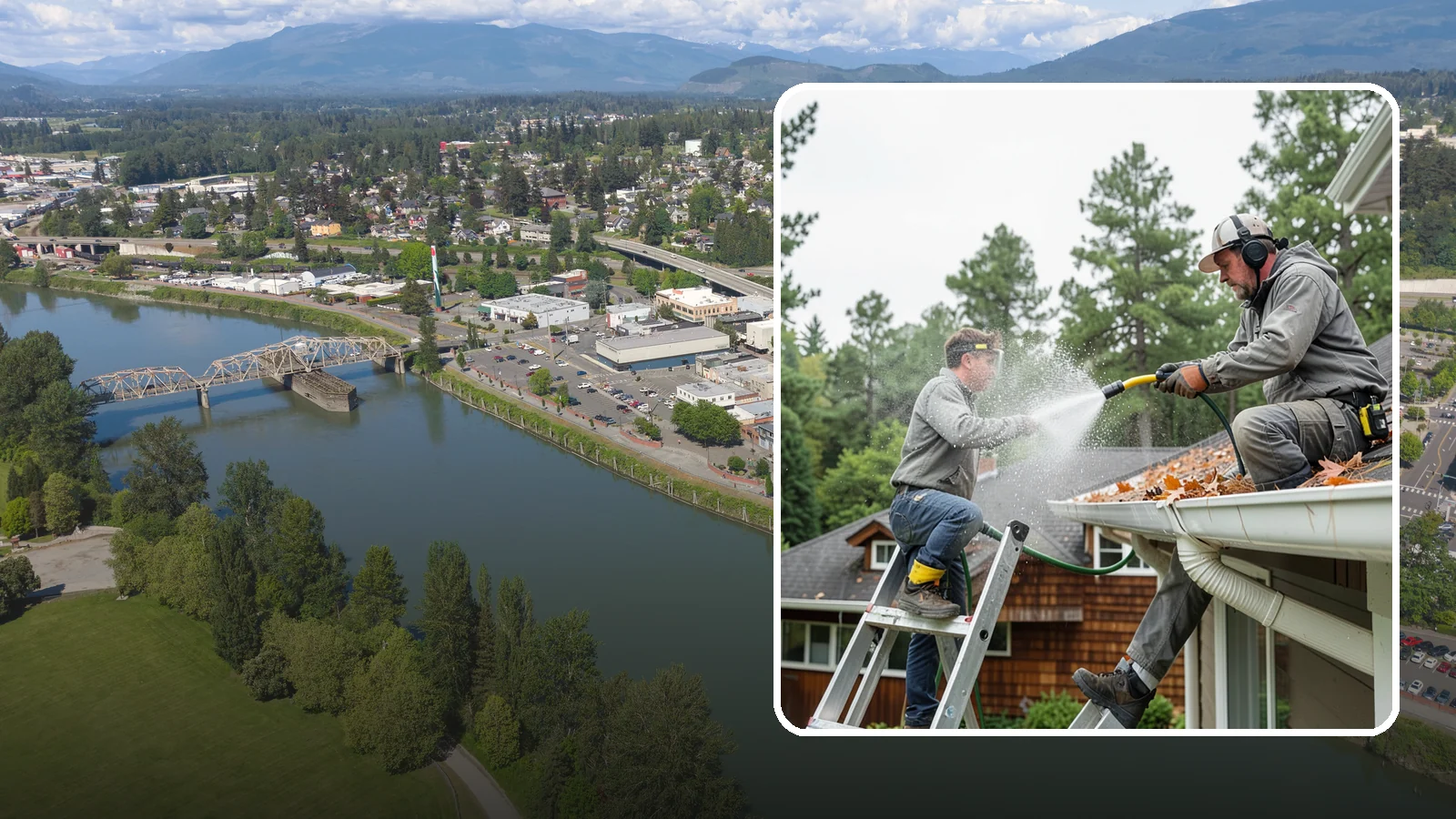Gutter Cleaning in Mount Vernon, Skagit County, WA - Full clean-out of gutters clogged with the fir needles, moss, and maple leaves that fill Northwest troughs every season.