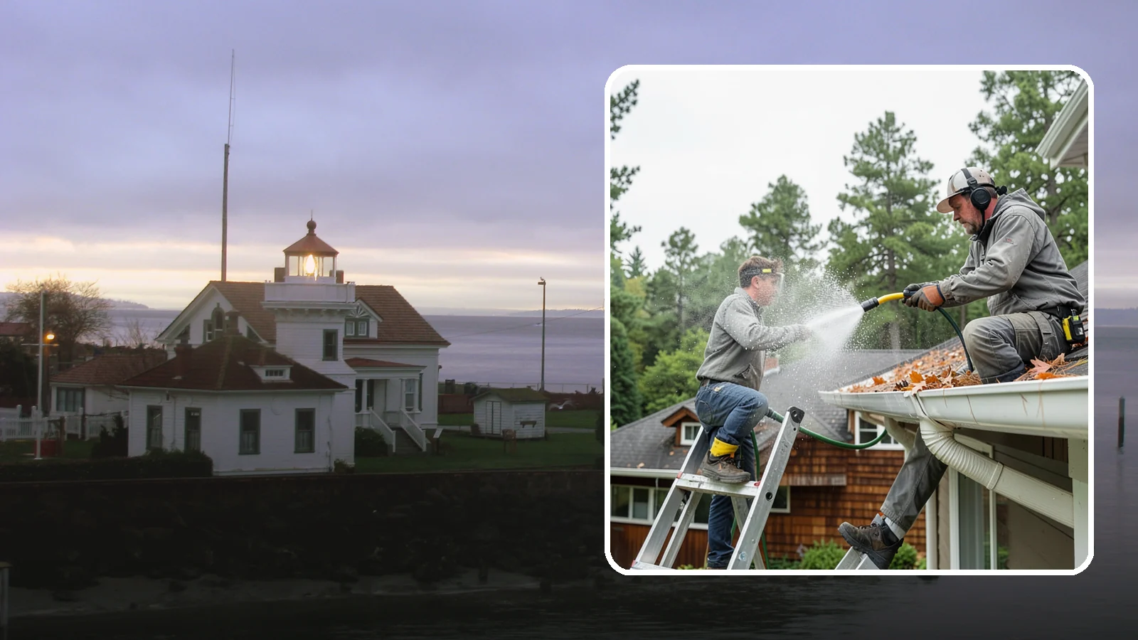 Gutter Cleaning in Mukilteo, Snohomish County, WA - Full clean-out of gutters clogged with the fir needles, moss, and maple leaves that fill Northwest troughs every season.
