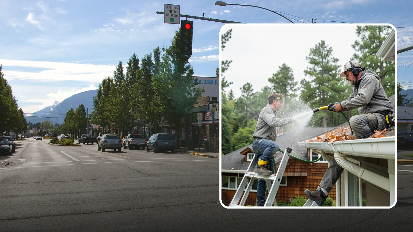 Gutter Cleaning in North Bend, King County, WA - Full clean-out of gutters clogged with the fir needles, moss, and maple leaves that fill Northwest troughs every season.