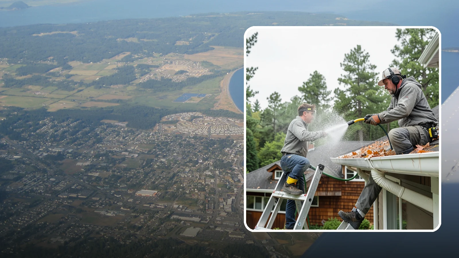 Gutter Cleaning in Oak Harbor, Island County, WA - Full clean-out of gutters clogged with the fir needles, moss, and maple leaves that fill Northwest troughs every season.