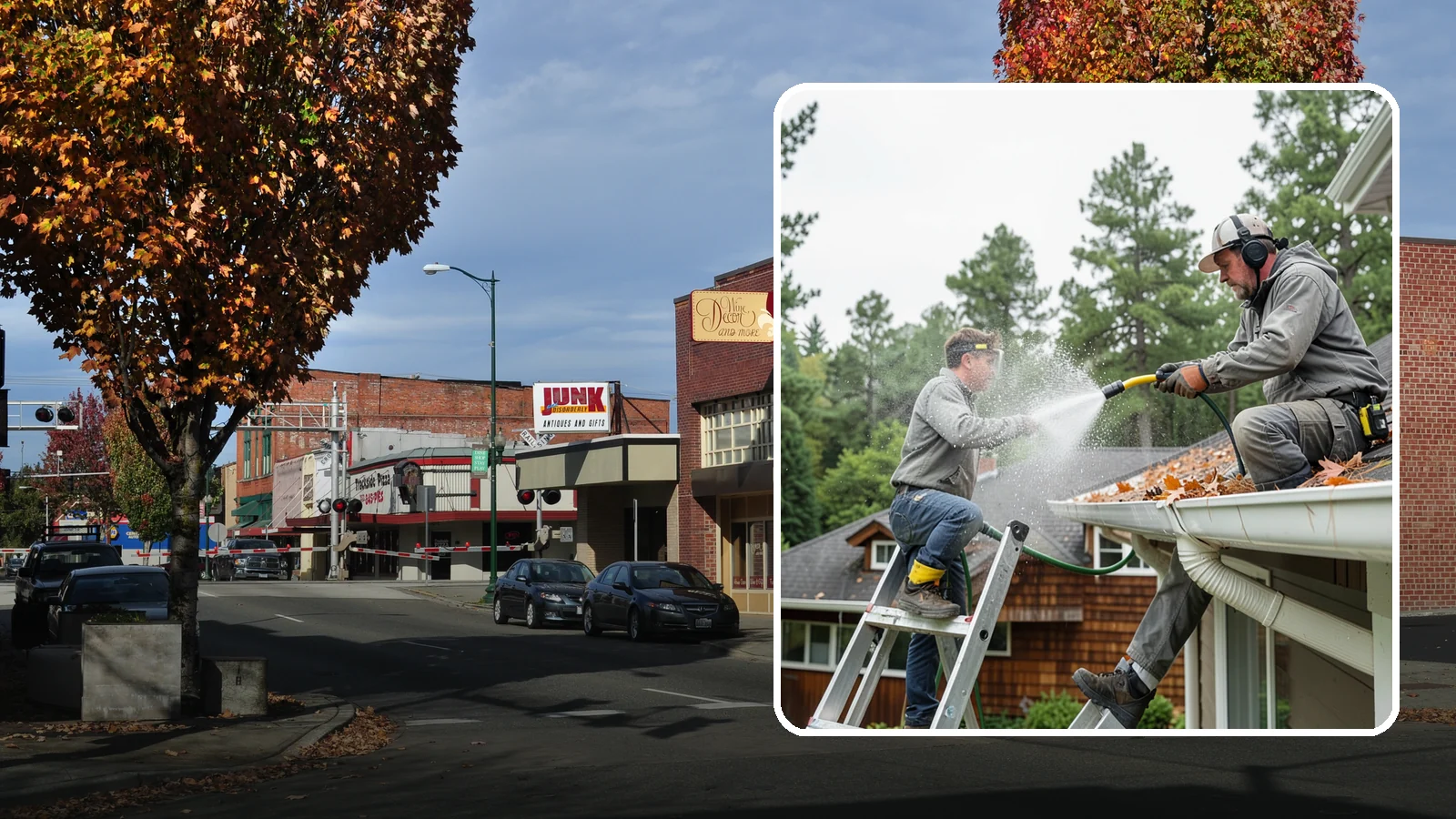 Gutter Cleaning in Puyallup, Pierce County, WA - Full clean-out of gutters clogged with the fir needles, moss, and maple leaves that fill Northwest troughs every season.